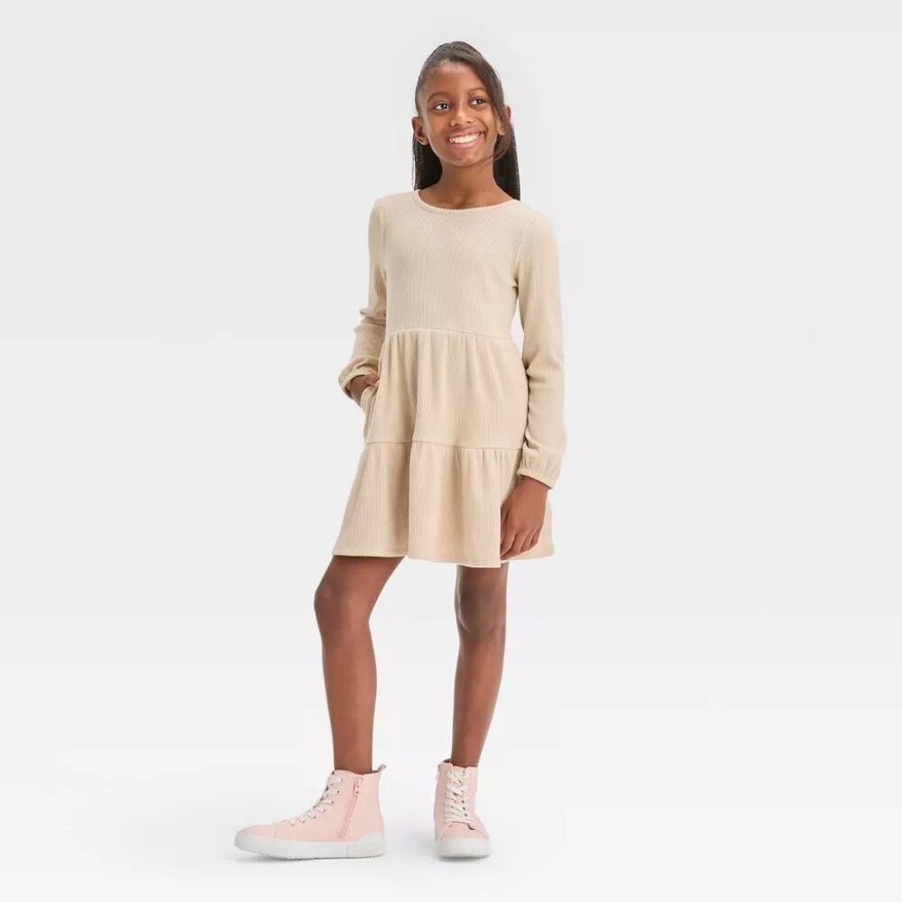 Cat & Jack - Girls' Long Sleeve Cozy Dress - Oatmeal (Beige) - Picture 3 of 11